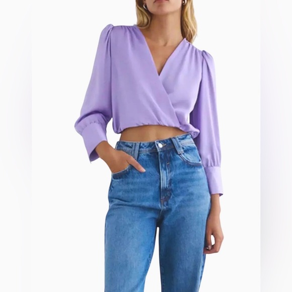 Zara Tops - Zara Dressy Crop Long Sleeve Wrap V-Neck Blouse Women’s Lavender Top Size Medium